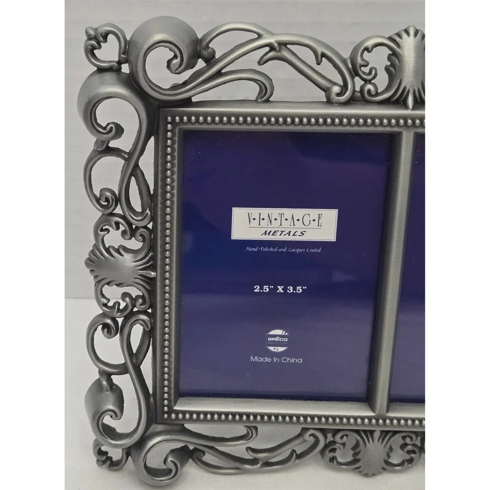 Orna Metals Antique-Style Ornate Pewter Double Photo Frame Scrollwork Design